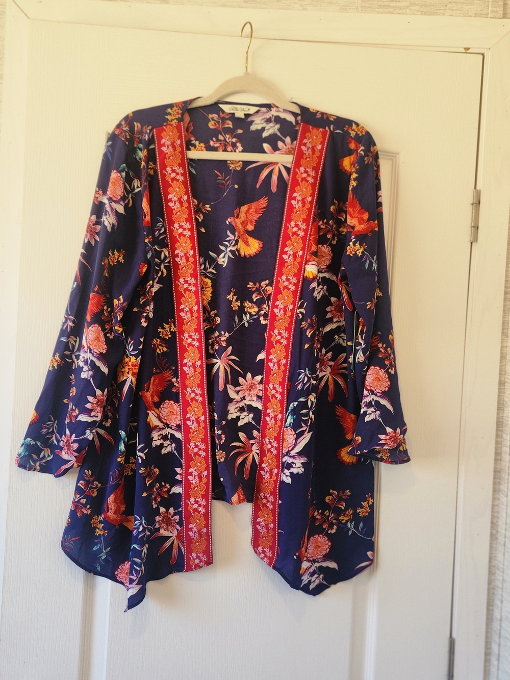 The Pioneer Woman Navy Floral Open Front Kimono with Red Trim S/M BNWT